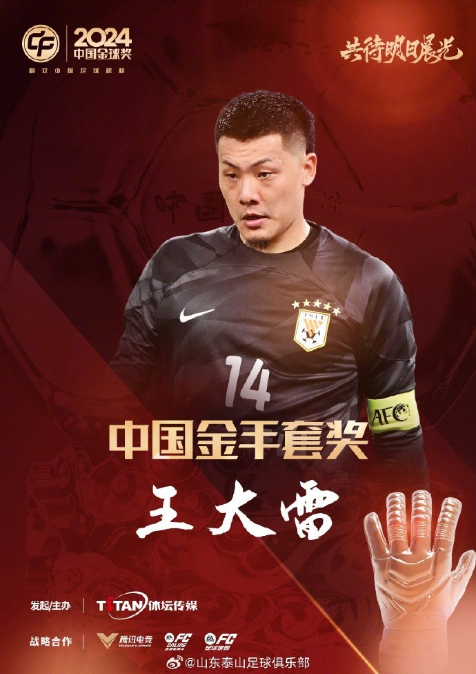 王大雷榮獲中國金手套獎，謝文能入選中國金球獎候選人前三名